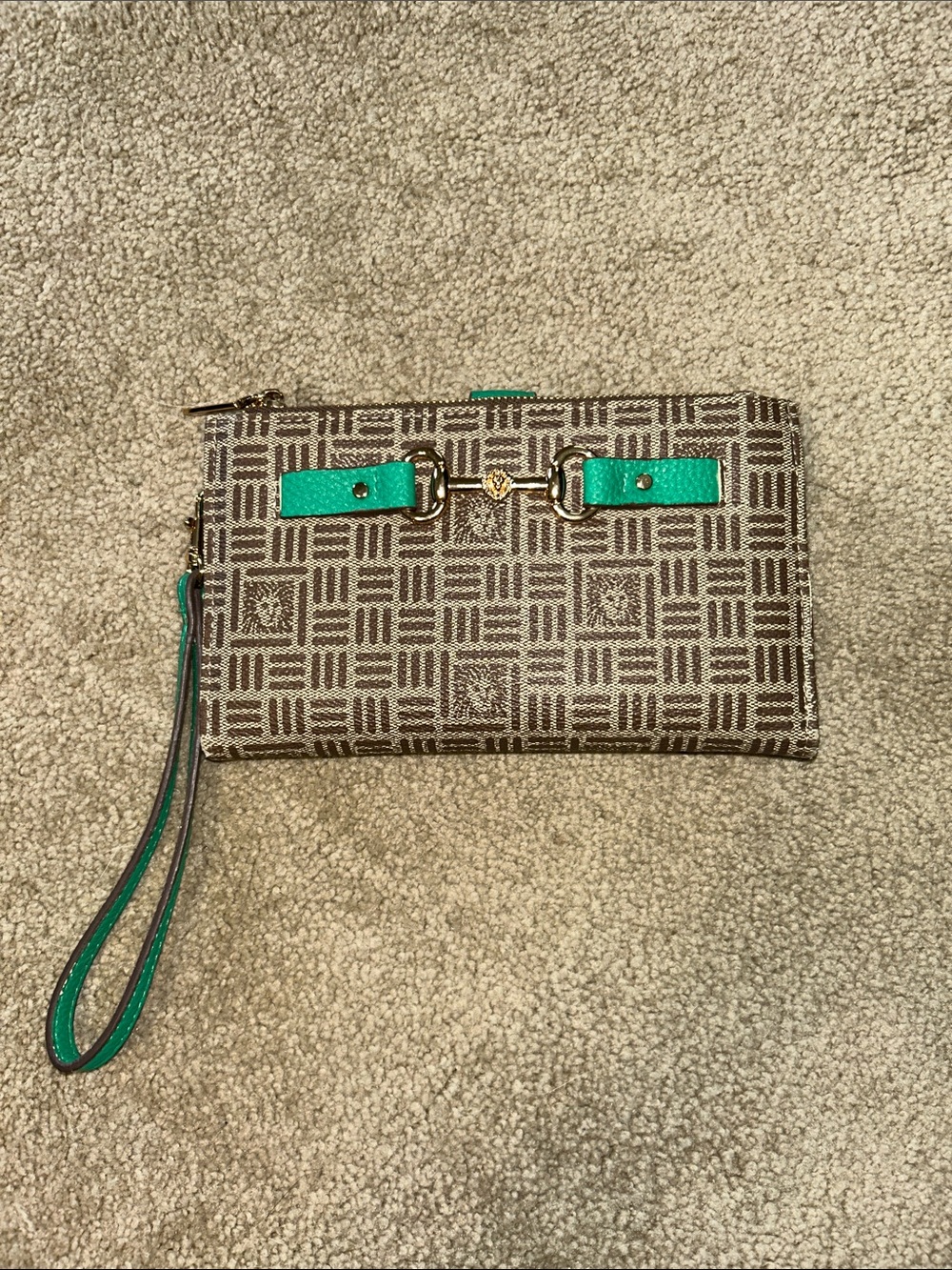 Anne Klein Brown Patterned Wristlet with Green Accents